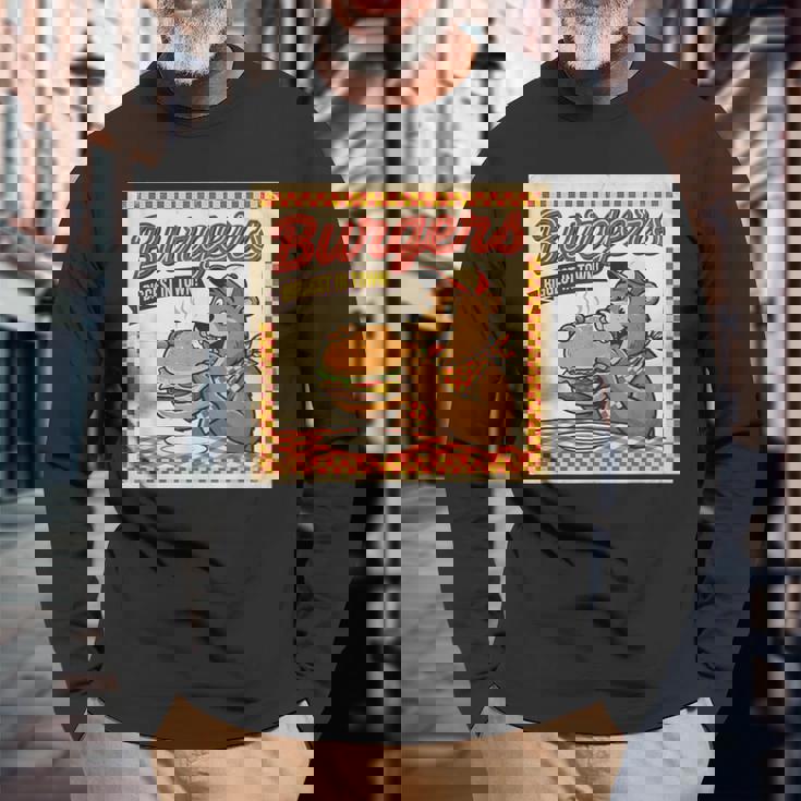 ビンテージ Burgers Biggest In Town ベア ハンバーガー ショップ 長袖Tシャツ 高齢者への贈り物