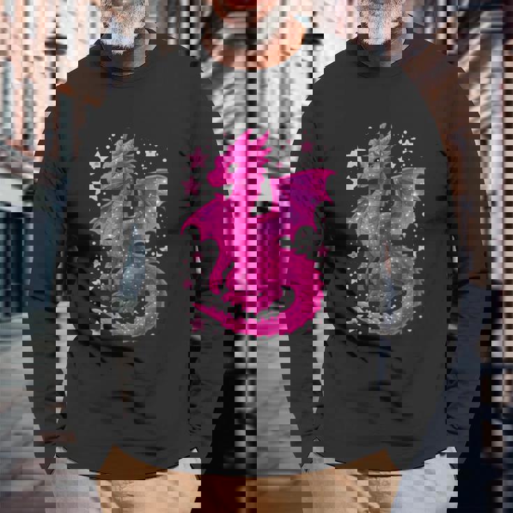 ピンクファンタジー ドラゴンと星 長袖tシャツ 長袖Tシャツ 高齢者への贈り物