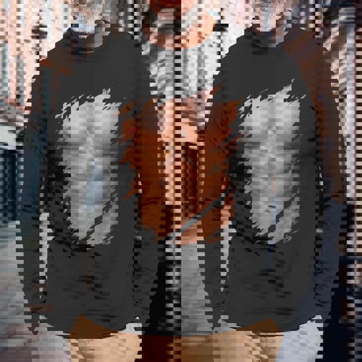 メンズ フェイク マッスル 破れた胸 腹筋 6パック 長袖Tシャツ 高齢者への贈り物