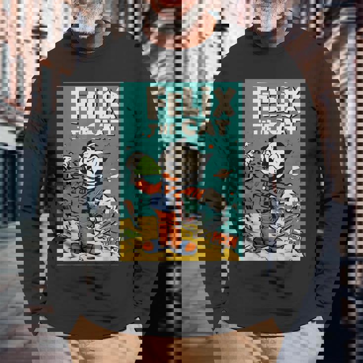 フェリックス・ザ・キャット・ムーン・ドリーマー レトロ1920年代天体アニメーション 長袖Tシャツ 高齢者への贈り物