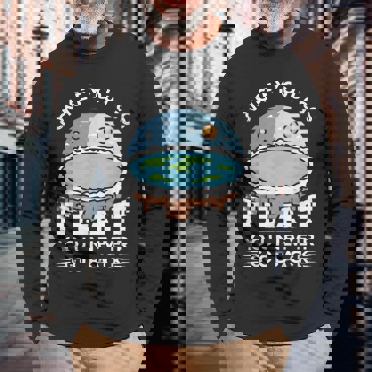 フラットアースデザインのアイデア 一度行けばフラット陰謀論 長袖Tシャツ 高齢者への贈り物