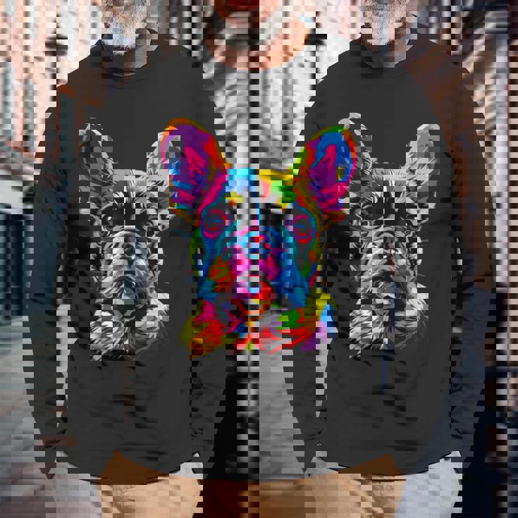 フレンチブルドッグ 犬 カラフル ポップアート レインボーカラー ブルドッグ 長袖Tシャツ 高齢者への贈り物