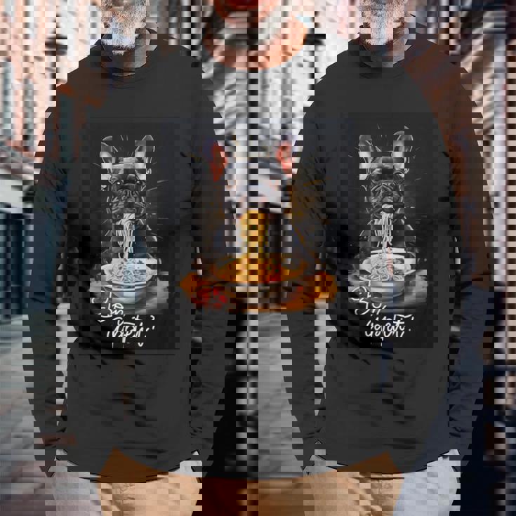 フレンチブルドッグ 食べる パスタ ボンアペティ カラフル ドッグアート 長袖Tシャツ 高齢者への贈り物