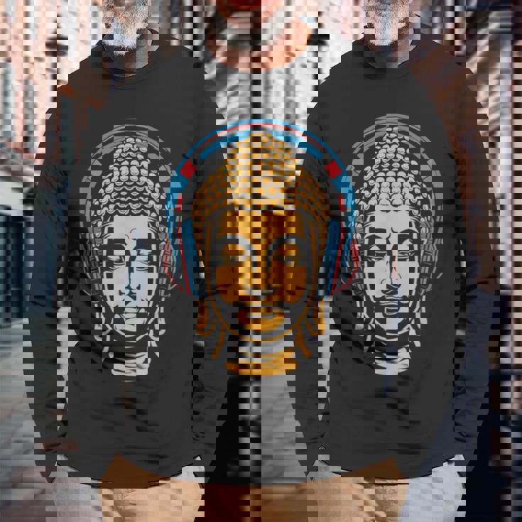 ブッダとヘッドフォン マインドフルネス 音楽 ボーホー 禅 仏教 長袖Tシャツ 高齢者への贈り物