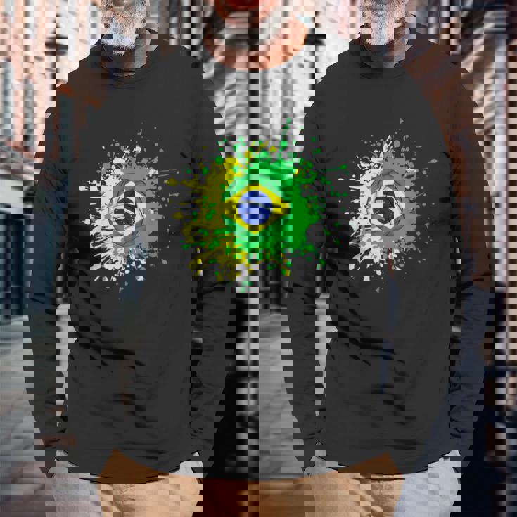 ブラジルの旗が付いたブラジルのバレーボール 長袖Tシャツ 高齢者への贈り物