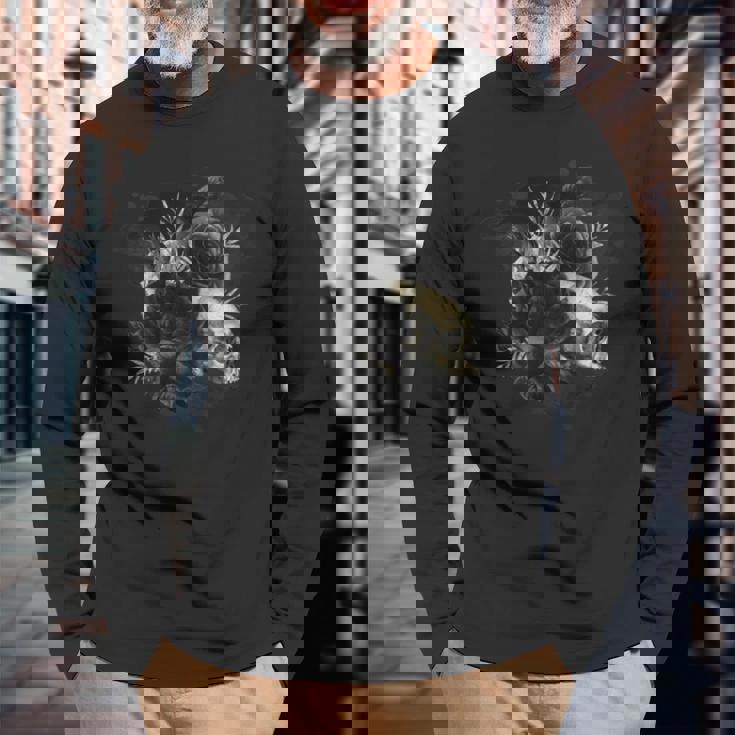 ブラックローズフラワーとスカルアート グランジスタイル 長袖tシャツ 長袖Tシャツ 高齢者への贈り物
