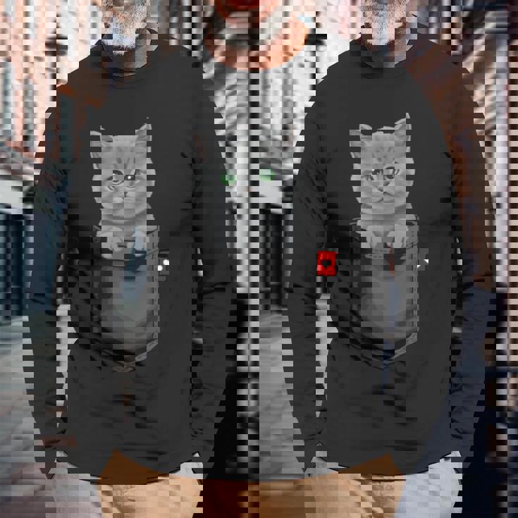 ブリティッシュショートヘア猫 ポケットの中 のぞくかわいい子猫 長袖tシャツ 長袖Tシャツ 高齢者への贈り物