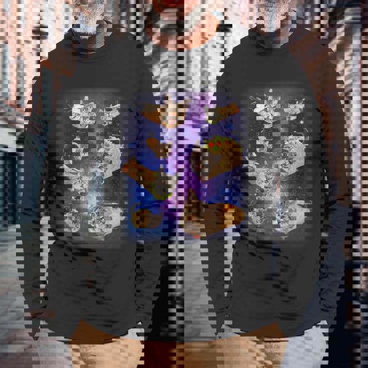 ブリトー猫とタコスキャット 宇宙 ギャラクシー ミーム タコキャット 愚かな 長袖Tシャツ 高齢者への贈り物