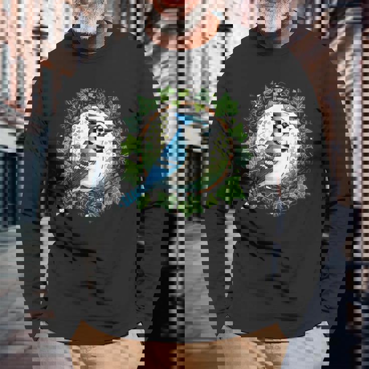 ブルージェイとイングリッシュアイビーバードアートブルージェイズイラスト 長袖Tシャツ 高齢者への贈り物