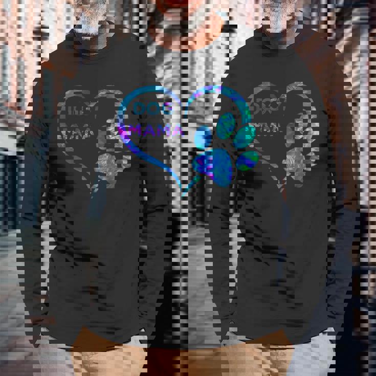 ブルーティールパープル ドッグママと足跡プリント ハート 犬 ママ 長袖Tシャツ 高齢者への贈り物