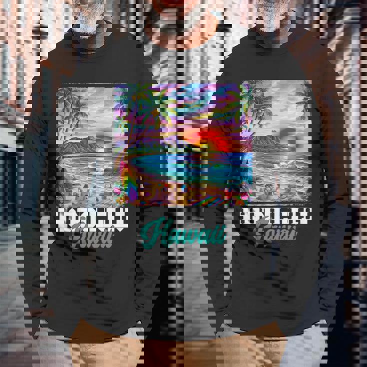 ホノルル ハワイ ハワイアン 波 ビーチ 夏 サーフィン レトロ 長袖tシャツ 長袖Tシャツ 高齢者への贈り物