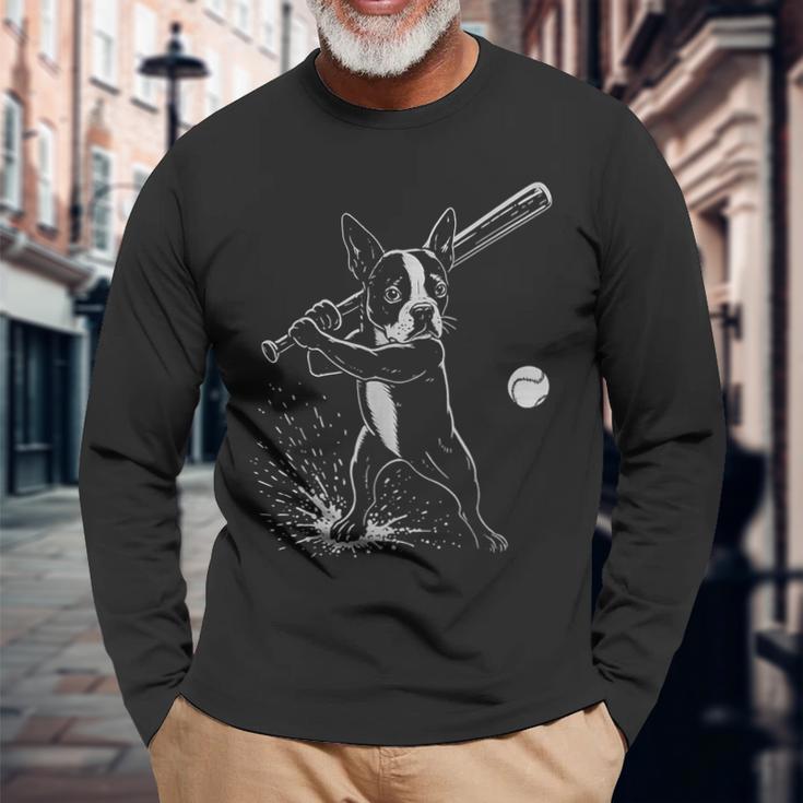 ボストンテリア 野球 スポーツ 犬好き 長袖Tシャツ 高齢者への贈り物