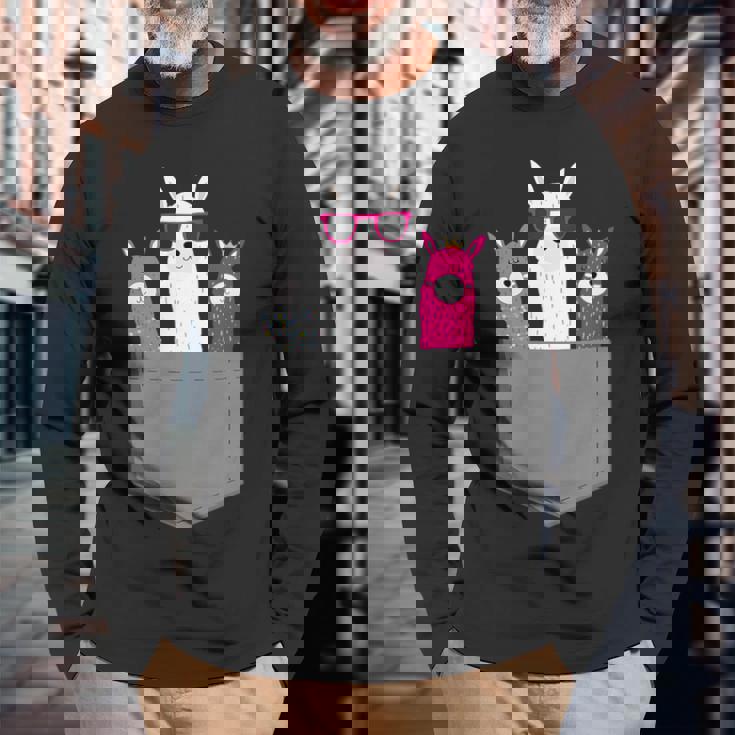 ポケット、アルパカ、ラマのアルパカ。 長袖Tシャツ 高齢者への贈り物