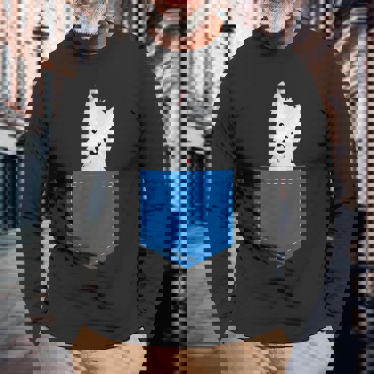 ポケットに犬のウェスティ犬テリアフロントポケット胸 長袖Tシャツ 高齢者への贈り物