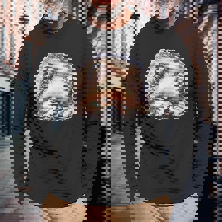 ポメラニアン × ポメラニアン 犬 寝ている 長袖Tシャツ 高齢者への贈り物