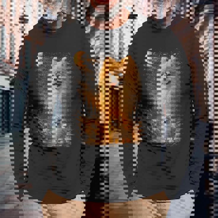 ポメラニアン ハウリング トゥ ザ ムーン ヴィンテージ 90年代 ファニー ペット オーナー 長袖Tシャツ 高齢者への贈り物