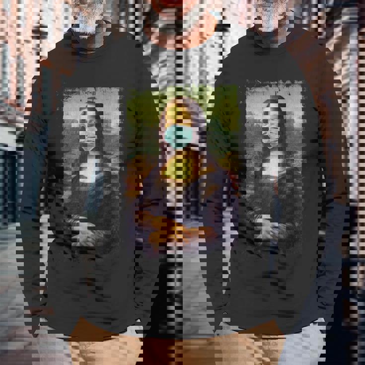 マスク付きモナリザ面白い有名な絵画検疫 長袖Tシャツ 高齢者への贈り物