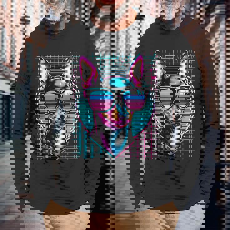 メンズ レディース ミニピン ヴェイパーウェーブ ミニチュア ピンシャー好き 長袖Tシャツ 高齢者への贈り物