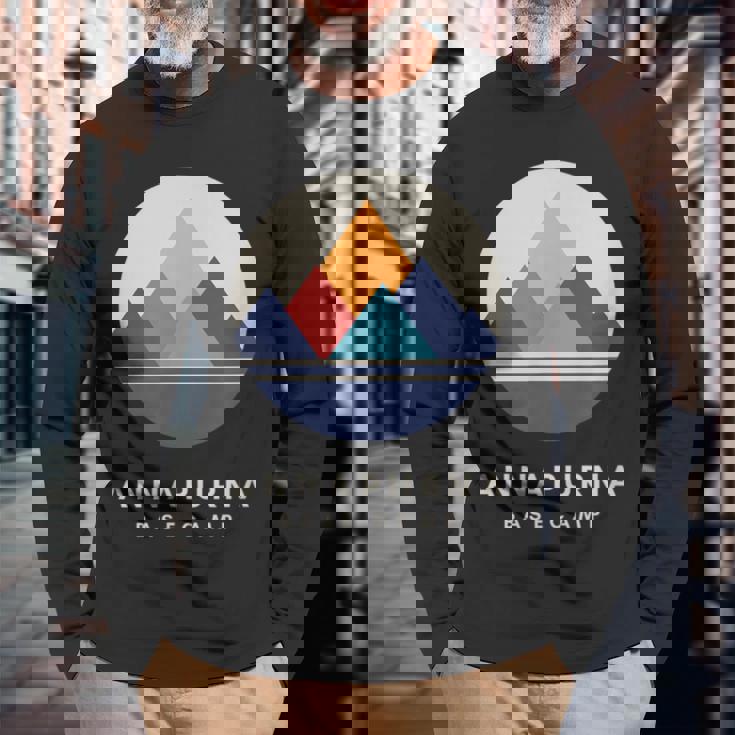 ミニマルなアンナプルナベースキャンプ 山モチーフ ハイキング 長袖Tシャツ 高齢者への贈り物