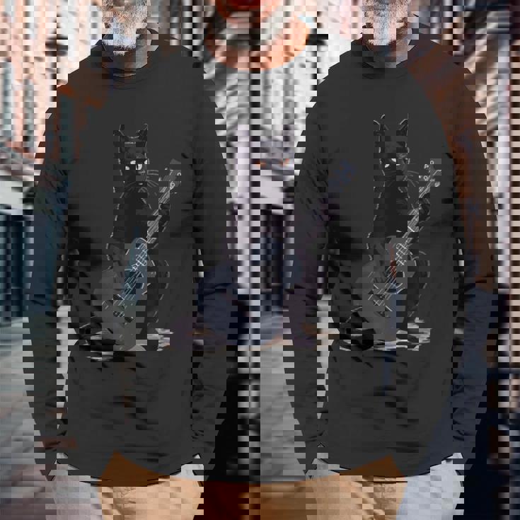 ミュージシャン黒猫ギタリストボンベイキャッツウィズギター 長袖Tシャツ 高齢者への贈り物
