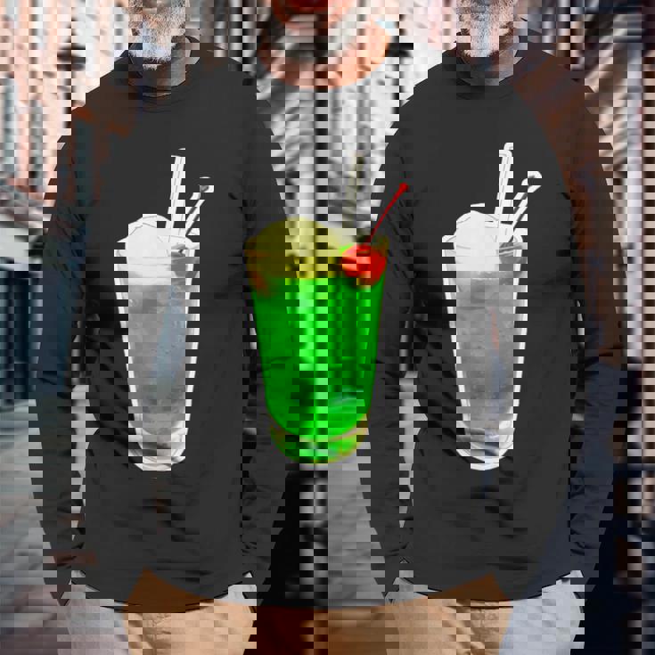 メロンソーダ／クリームソーダ（スイーツ ポップ）夏【サマータイム】昭和レトロ 80S かわいい デザイン 長袖Tシャツ 高齢者への贈り物