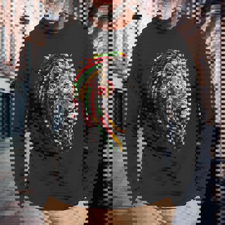 ラスタレゲエミュージックヘッドフォンジャマイカンルーツプライドライオン 長袖Tシャツ 高齢者への贈り物