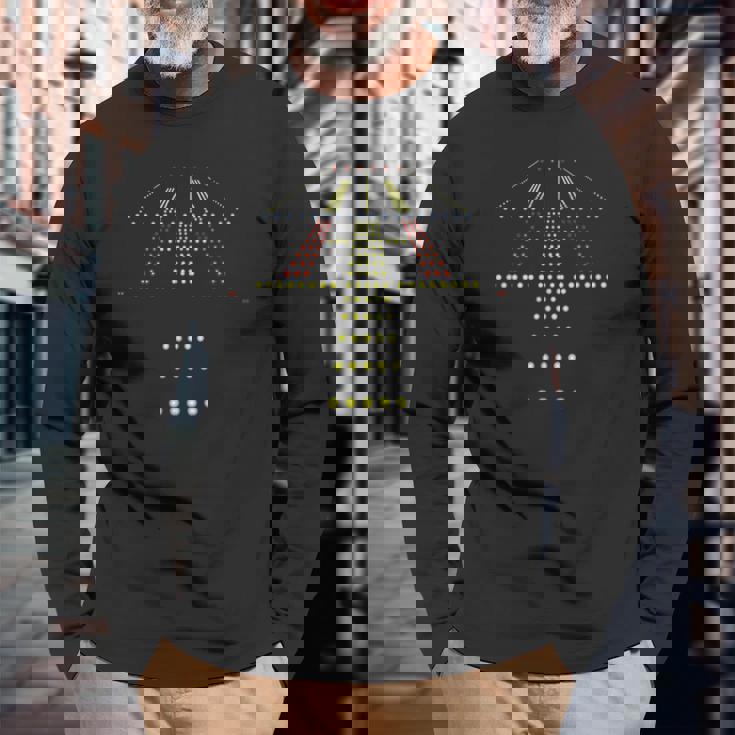 ランウェイ ナイトビュー 航空 空港 ライト 長袖Tシャツ 高齢者への贈り物