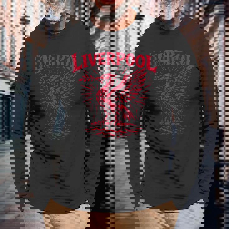 リバプール イングランド Zine インク 肝臓 鳥 レッドプリント 長袖Tシャツ 高齢者への贈り物