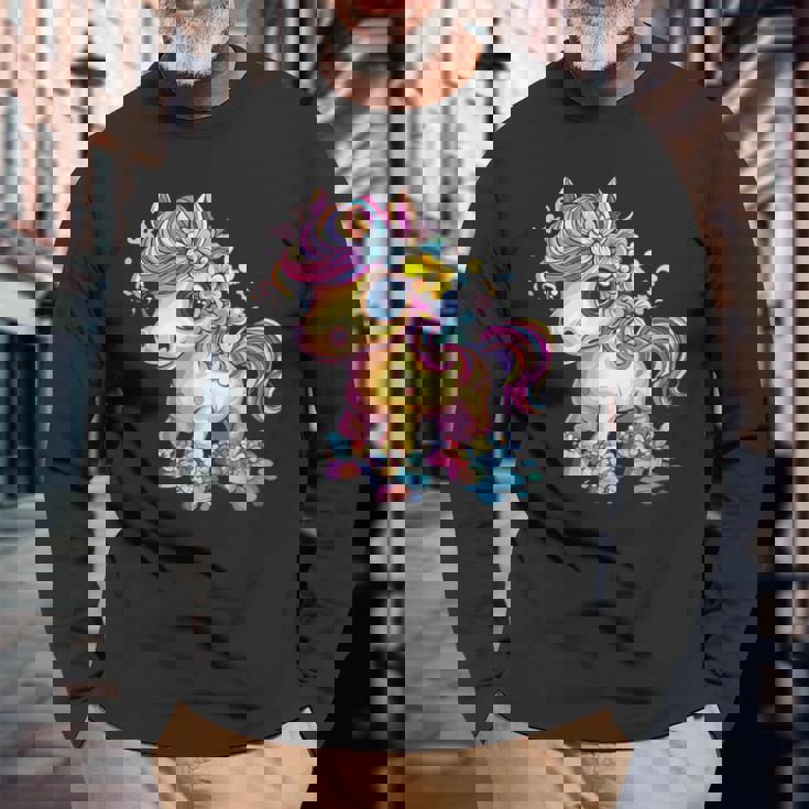 レインボーフラワーマジックのかわいいポニー。 長袖Tシャツ 高齢者への贈り物