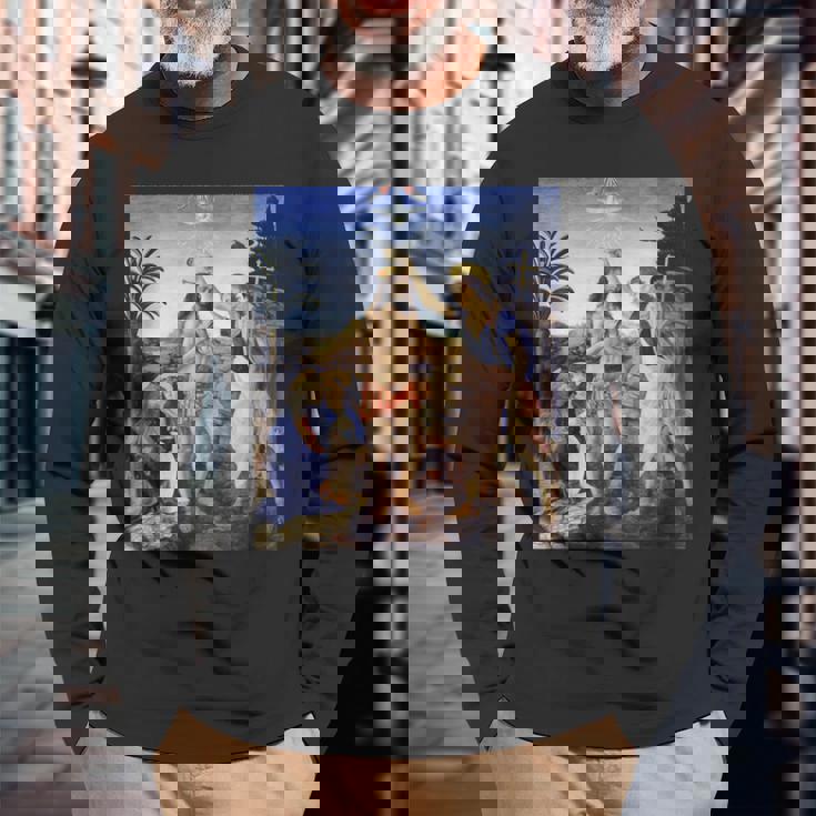 レオナルド ダヴィンチ 面白いtシャツ アート キリストの洗礼 聖書 絵画 メンズ 面白い 服 美術 ネタ 長袖Tシャツ 高齢者への贈り物