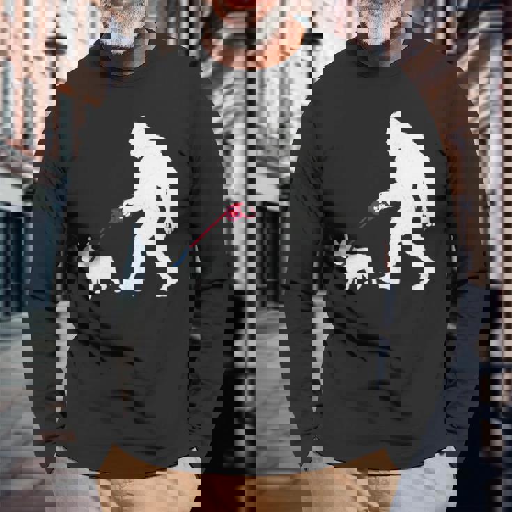 レトロ ビッグフット ウォーキング フレンチブルドッグ ファニー サスカッチ 長袖tシャツ 長袖Tシャツ 高齢者への贈り物