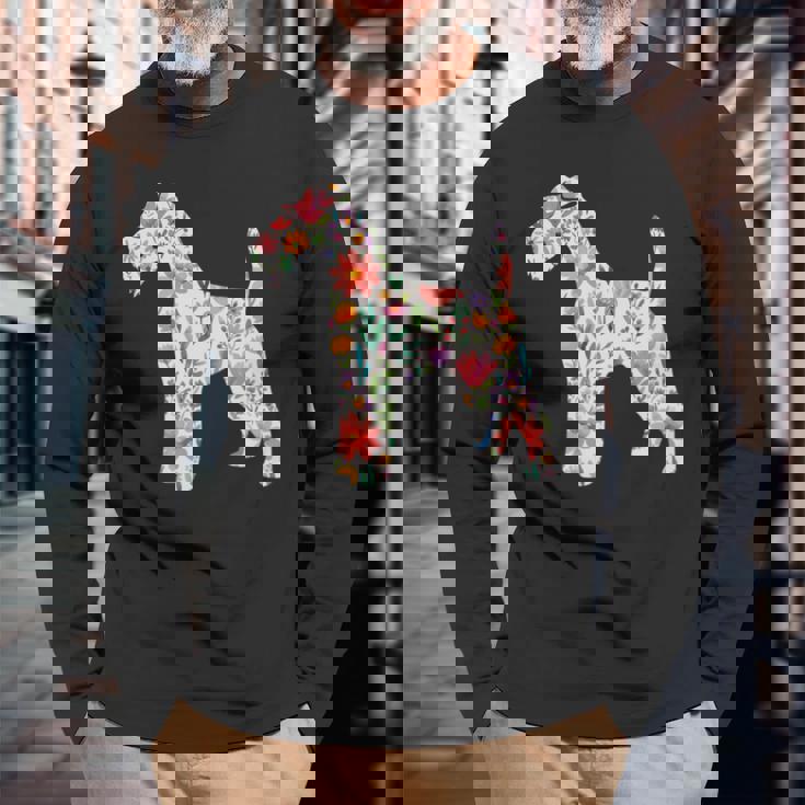 ワイヤーフォックステリア 水彩フラワーデザイン 長袖tシャツ 長袖Tシャツ 高齢者への贈り物