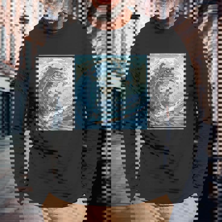 両生類サーファー 日本の波 アート サーフィン カエル 長袖Tシャツ 高齢者への贈り物