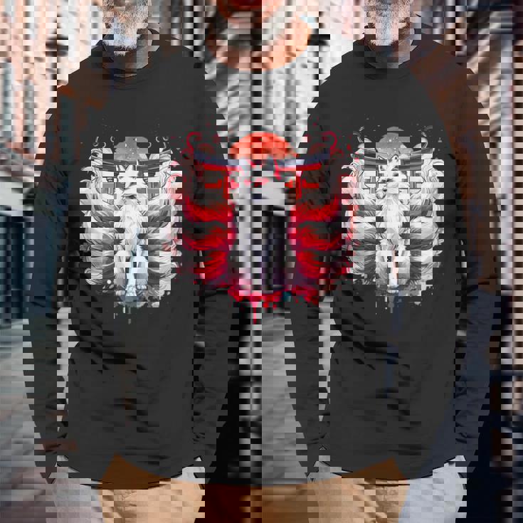 九尾狐 きつねと鳥居門 長袖Tシャツ 高齢者への贈り物