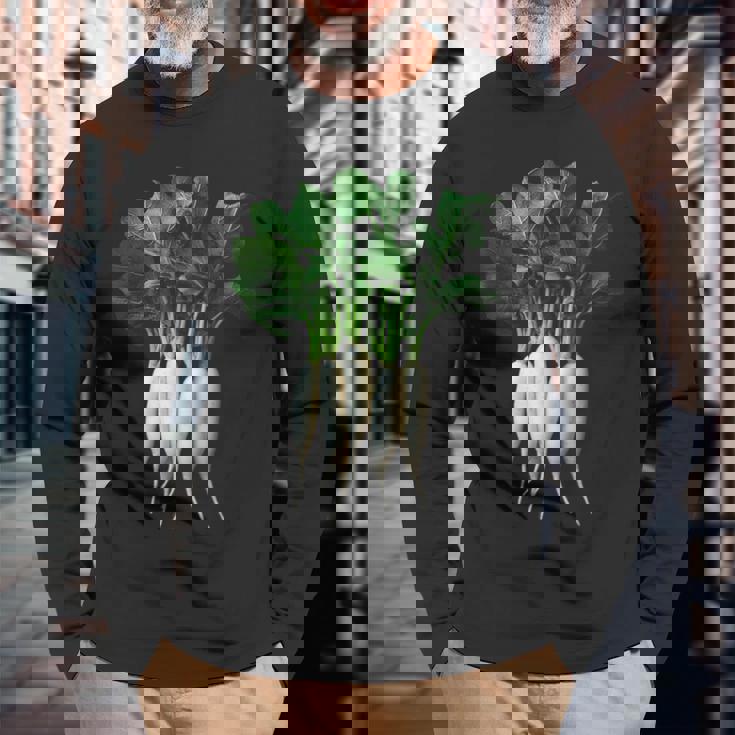 大根 野菜 グラフィックアート 大根 長袖Tシャツ 高齢者への贈り物