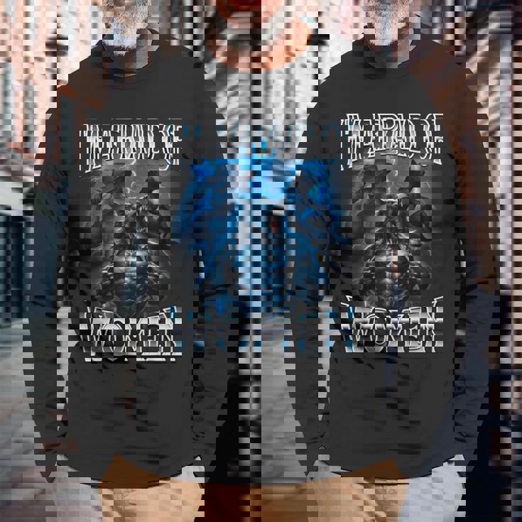 女が怖い狼アルファ・ウルフ・ミーム・クリンジ・ビアード 長袖Tシャツ 高齢者への贈り物