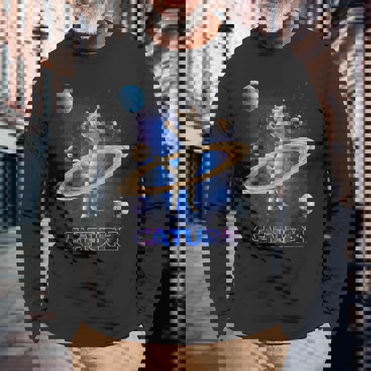 宇宙の土星猫土星ギャラクシー面白い子猫猫の恋人 長袖Tシャツ 高齢者への贈り物