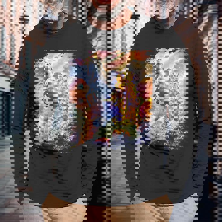 宇宙の銀河猫とユニコーン ペガサス 長袖Tシャツ 高齢者への贈り物