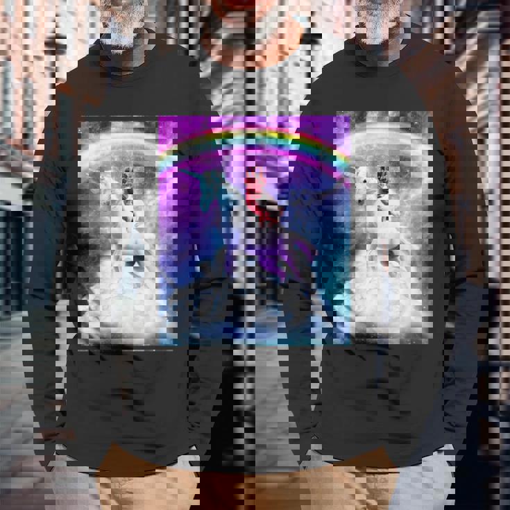 宇宙パグ 雲の上のレインボーユニコーン 長袖Tシャツ 高齢者への贈り物