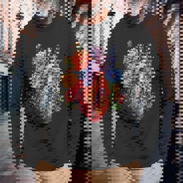 心臓超音波検査者ギフト 心臓専門医ギフト ハートフラワー 長袖Tシャツ 高齢者への贈り物