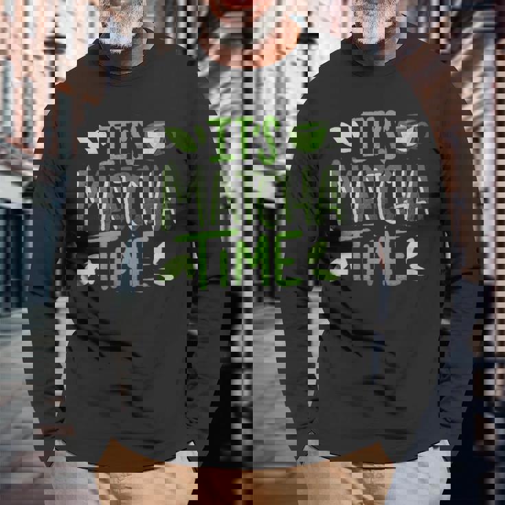 抹茶タイム おいしい日本の抹茶 長袖Tシャツ 高齢者への贈り物