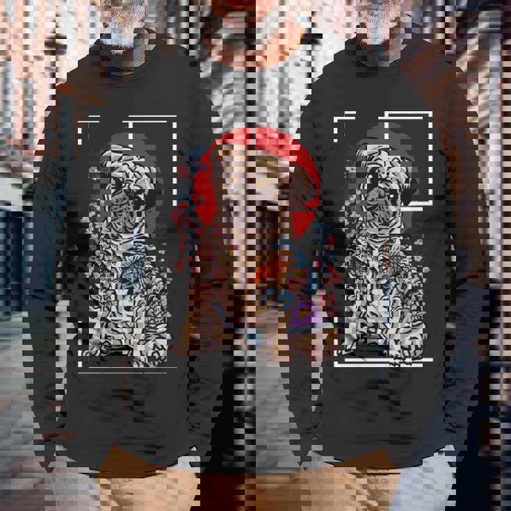 日本のタトゥー パグ 犬 パグ ヤクザの恋人 鯉の魚 長袖tシャツ 長袖Tシャツ 高齢者への贈り物