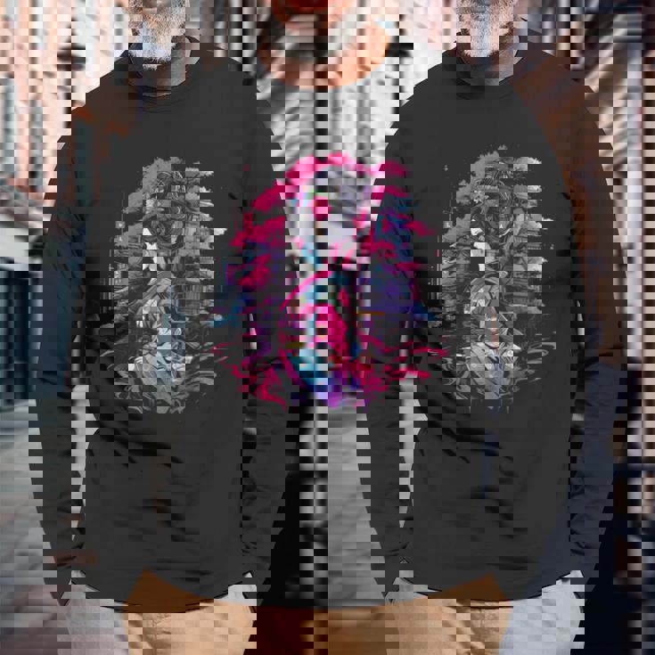 桜と芸者、サイバーパンク・イラストレーション 長袖Tシャツ 高齢者への贈り物