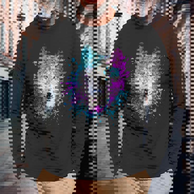 水彩 狼 頭 カラフル オオカミ 贈り物 長袖Tシャツ 高齢者への贈り物