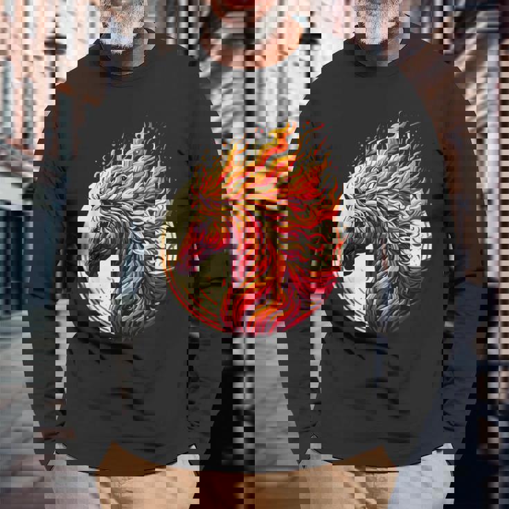 燃える 動物 馬 動物 クール 馬 火 炎 長袖Tシャツ 高齢者への贈り物