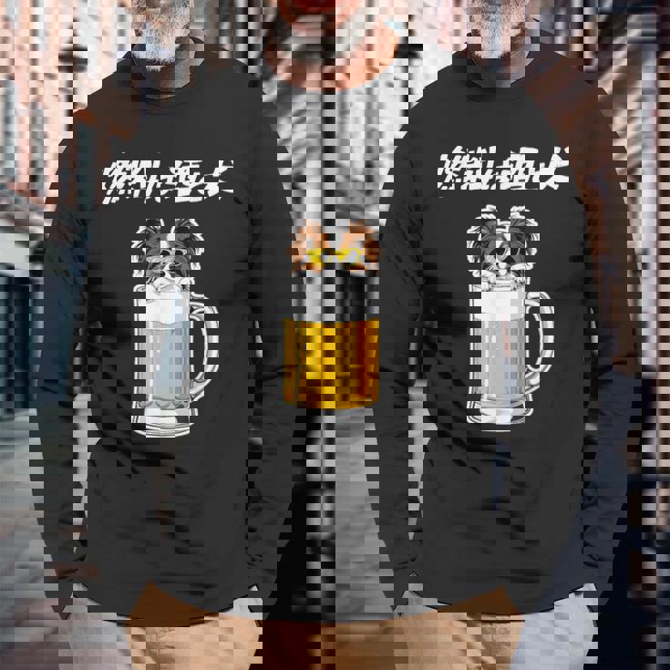 燃料は酒 パピヨン グッズ 犬好き おもしろ 面白い ネタ 笑える 飲み会 長袖Tシャツ 高齢者への贈り物