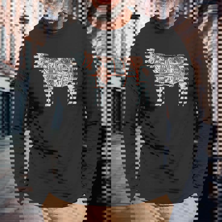 牛肉の部位 面白いtシャツ 焼肉 Bbq 牛 グルメ メンズ おもしろ 面白い 服 オリジナル グッズ ネタ イラスト 長袖Tシャツ 高齢者への贈り物
