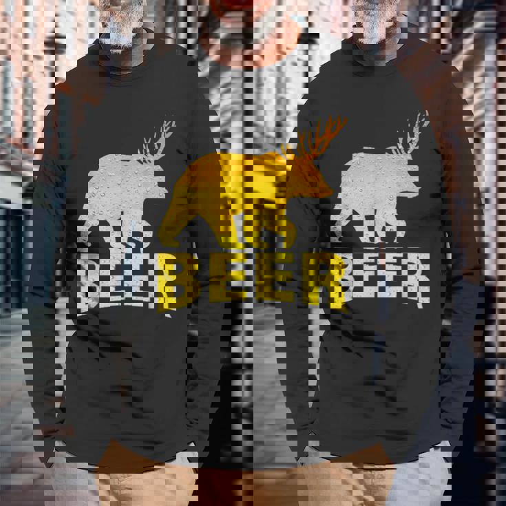 狩猟 ビール スピリット 動物 ティー ベア 鹿 ティー ビール クマ 鹿 長袖Tシャツ 高齢者への贈り物