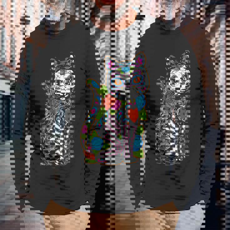 猫 シュガー スカル メキシコ カラベラ 死者の日 ハロウィン 長袖Tシャツ 高齢者への贈り物