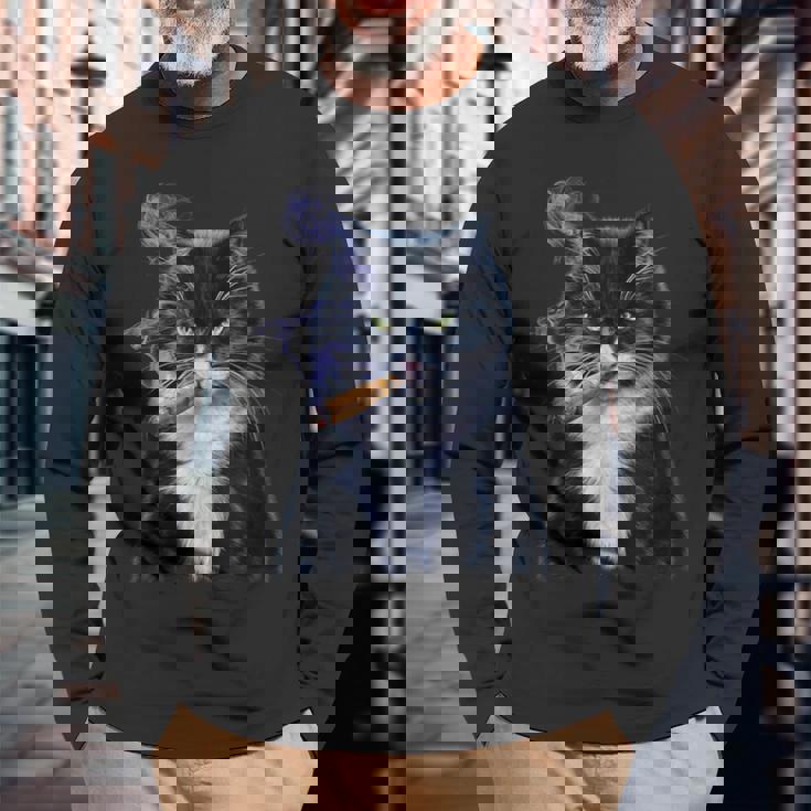 猫 ネコ ボス たばこ ねこ 長袖Tシャツ 高齢者への贈り物